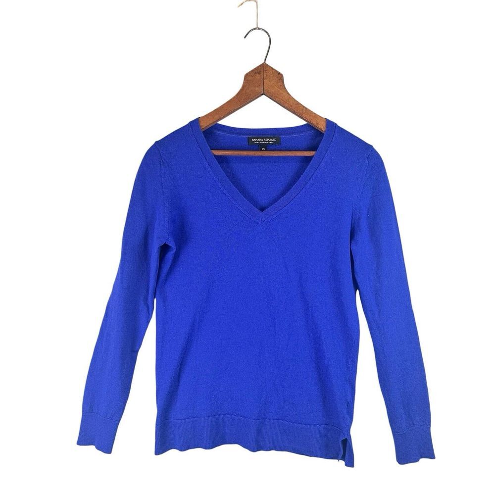 Banana Republic 100% Merino Wool‎ Blue V-Neck Pullover Sweater Lightweight XS